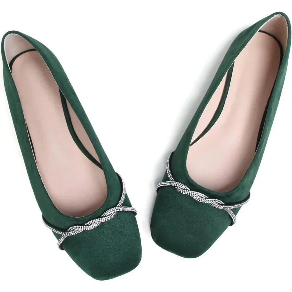 Women's Green Suede Casual Fashion Chain Pointed Toe Ballet Flat Rhinestone